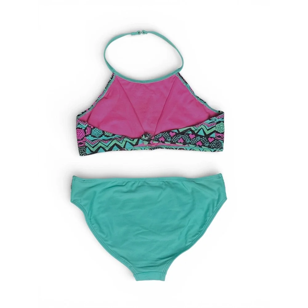 Girls Two Piece Bikini Swimsuit Turquoise Pink Tribal Print Halter Swim‎ Set